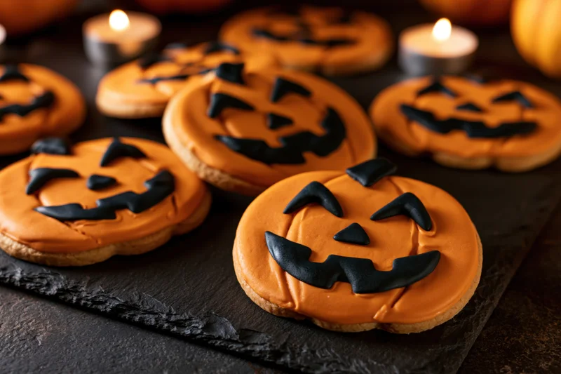 Jack-o-lantern sugar cookies with orange and black frosting arranged on a dark slate tray with candles and pumpkins nearby