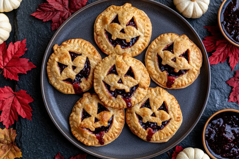 Jack-o-lantern hand pies with cherry jam filling on a dark plate surrounded by autumn leaves and small pumpkins