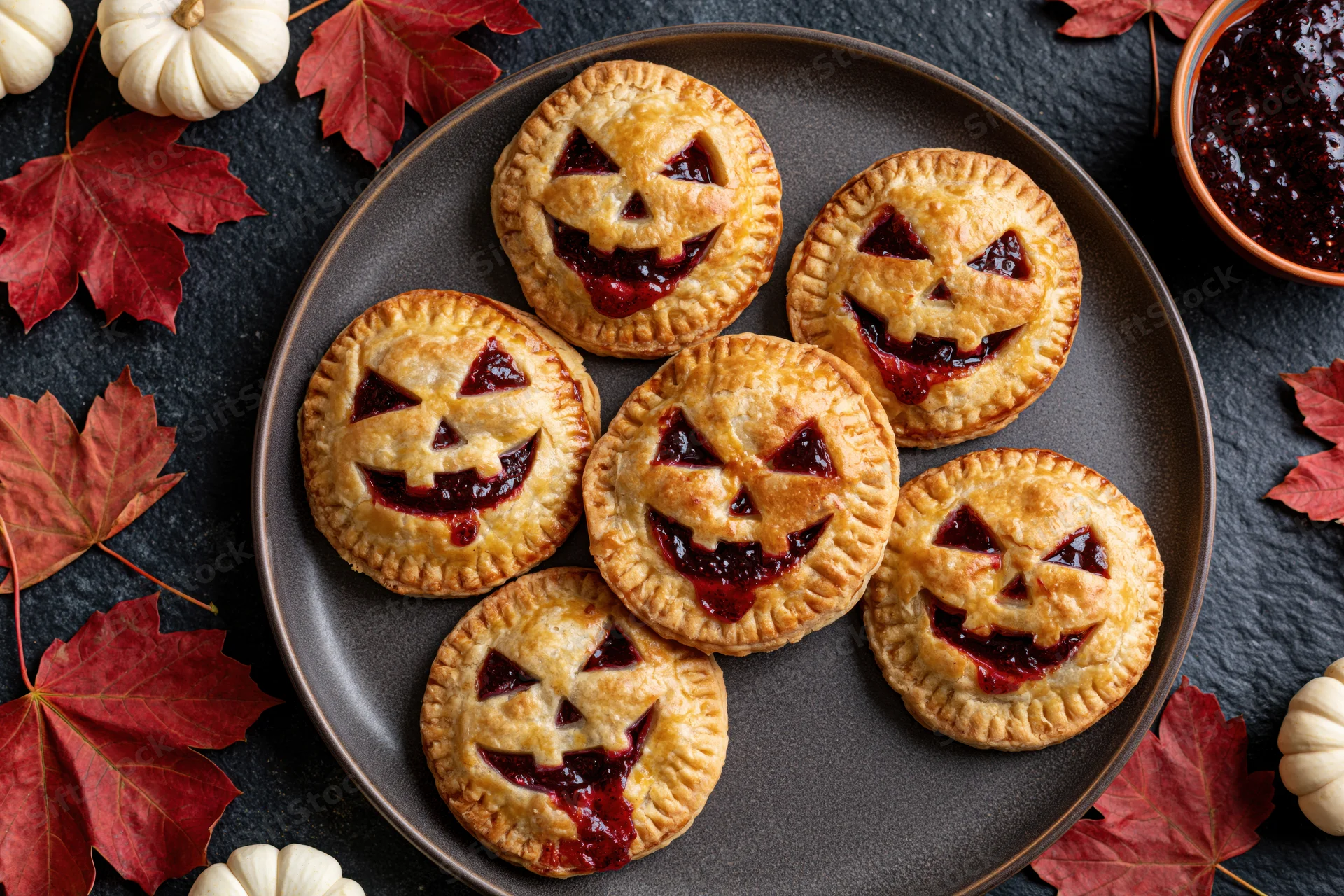 Jack-o-lantern hand pies with cherry jam filling on a dark plate surrounded by autumn leaves and small pumpkins