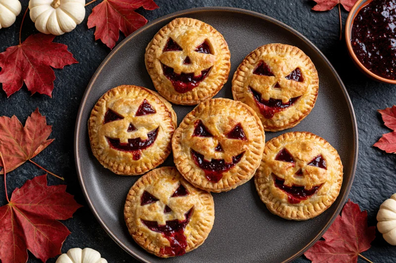 Jack-o-lantern hand pies with cherry jam filling on a dark plate surrounded by autumn leaves and small pumpkins