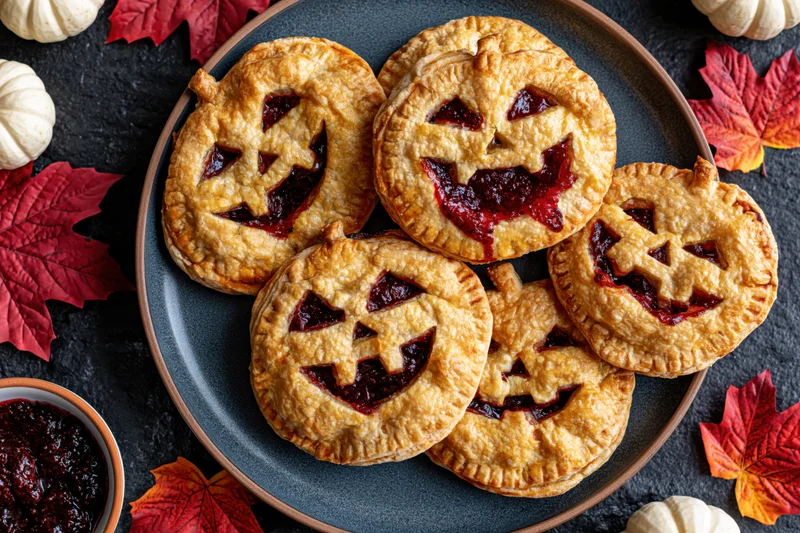 Jack-o-lantern hand pies with cherry jam filling on a dark plate surrounded by autumn leaves and small pumpkins