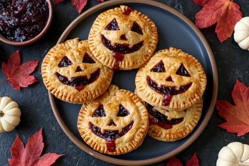 Jack-o-lantern hand pies with cherry jam filling on a dark plate surrounded by red leaves and small pumpkins