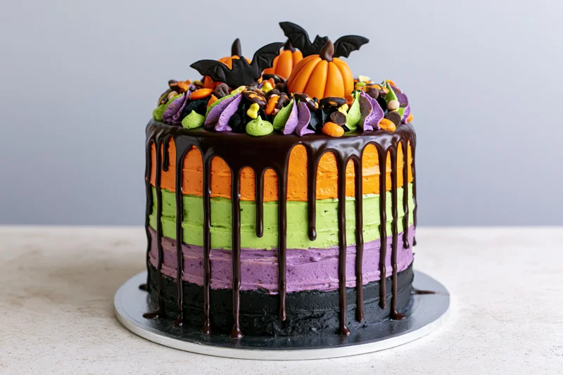 Halloween layer cake with dripping chocolate ganache and pumpkin bat decorations on a stand