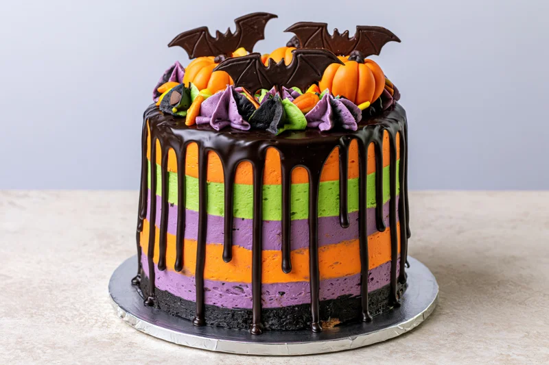 Halloween layer cake with dripping chocolate ganache and bat decorations on a table