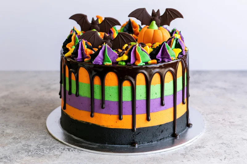 Halloween layer cake with chocolate drip frosting and bat pumpkin decorations on a cake board