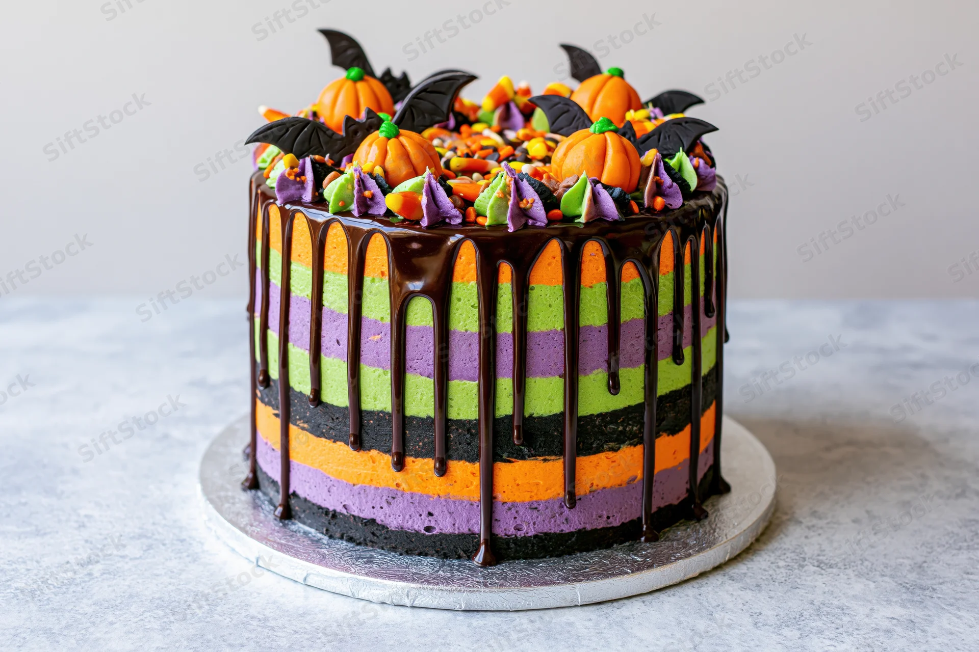 Halloween layer cake with dripping chocolate ganache and pumpkin bat decorations on a silver platter
