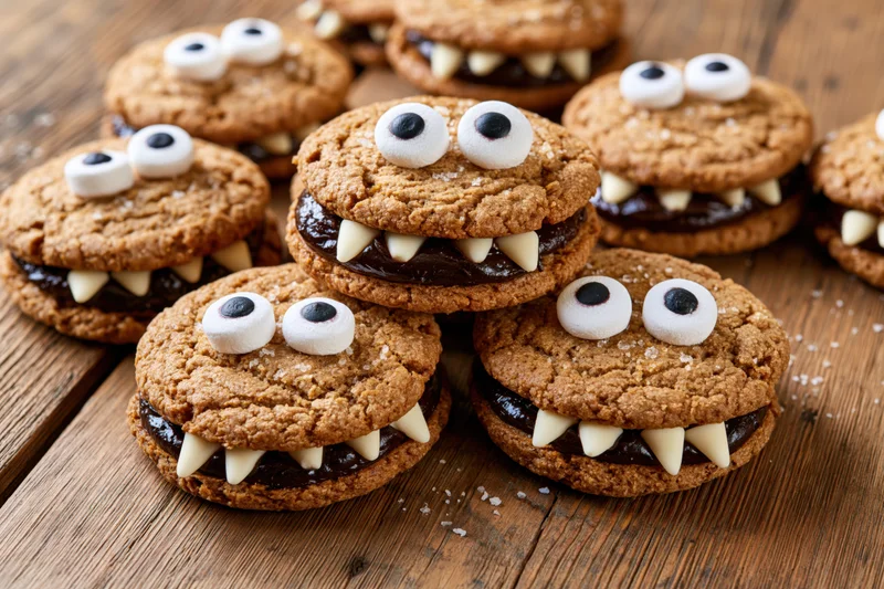 Monster cookie sandwiches with chocolate ganache filling and candy eyes and fangs on a wooden table