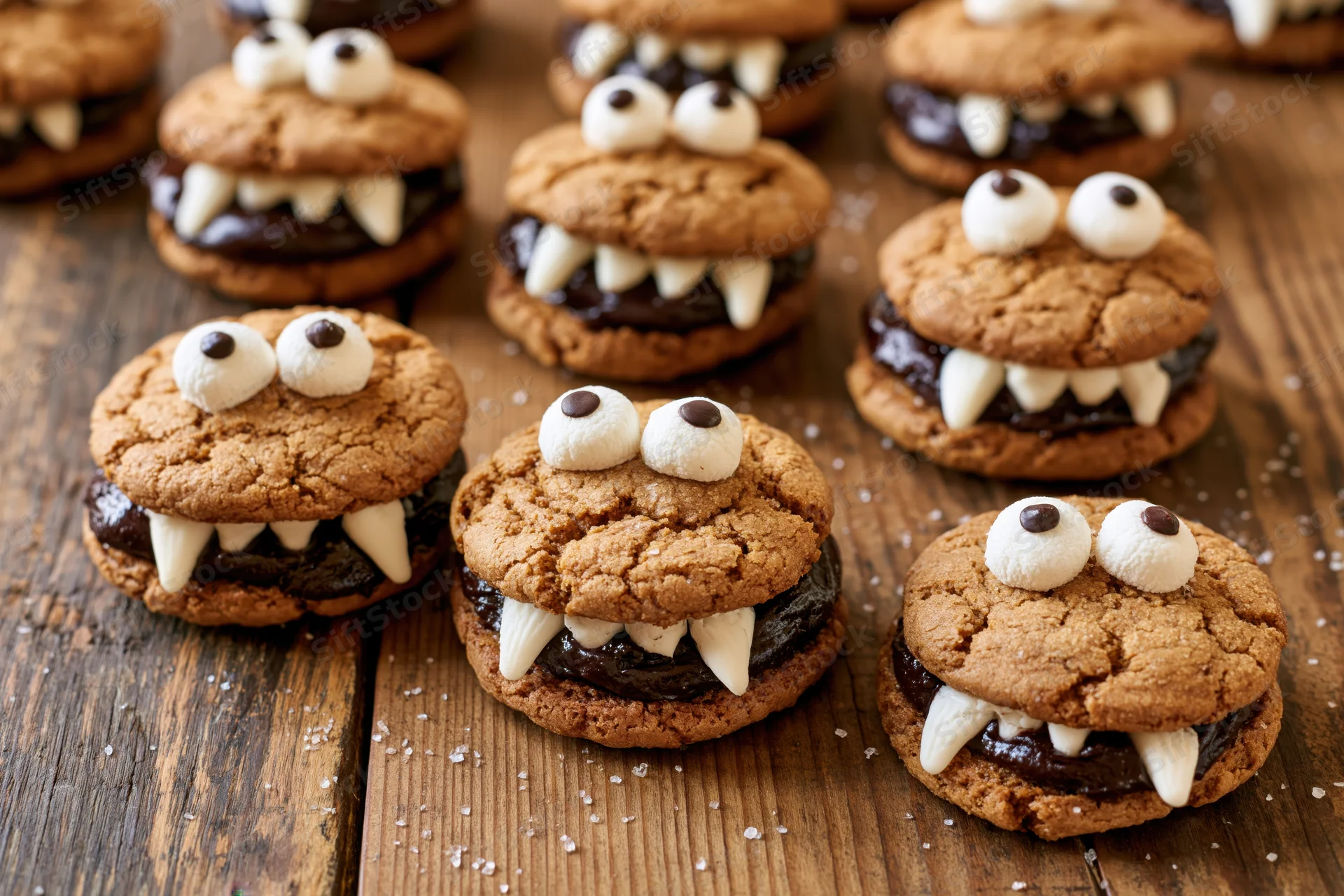 Monster-themed cookie sandwiches with chocolate ganache filling and marshmallow eyes and fangs on a wooden surface