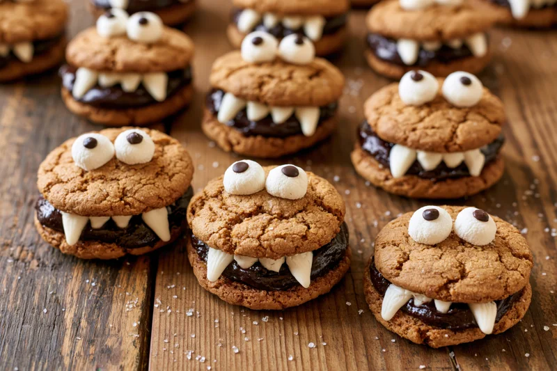 Monster-themed cookie sandwiches with chocolate ganache filling and marshmallow eyes and fangs on a wooden surface