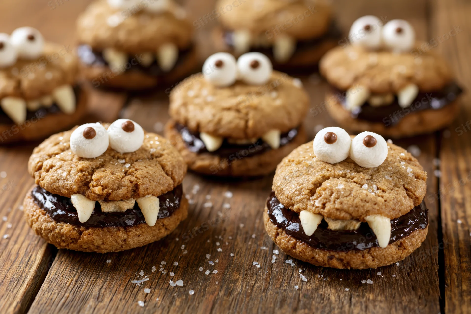 Monster cookie sandwiches with chocolate ganache filling and candy eyes and fangs on a wooden table