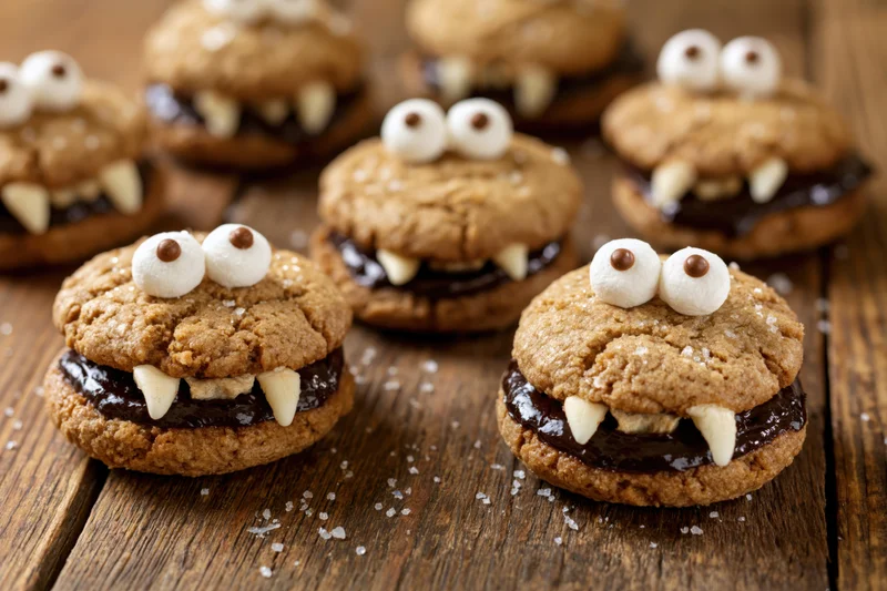Monster cookie sandwiches with chocolate ganache filling and candy eyes and fangs on a wooden table