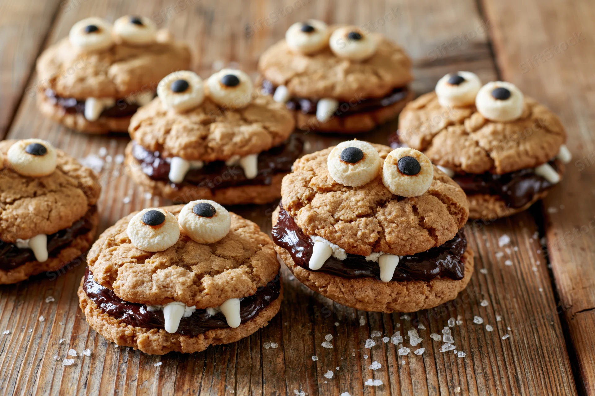 Monster cookie sandwiches with chocolate ganache filling and candy eyes and teeth on a wooden table