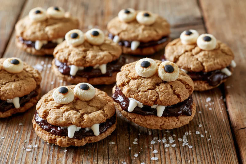Monster cookie sandwiches with chocolate ganache filling and candy eyes and teeth on a wooden table