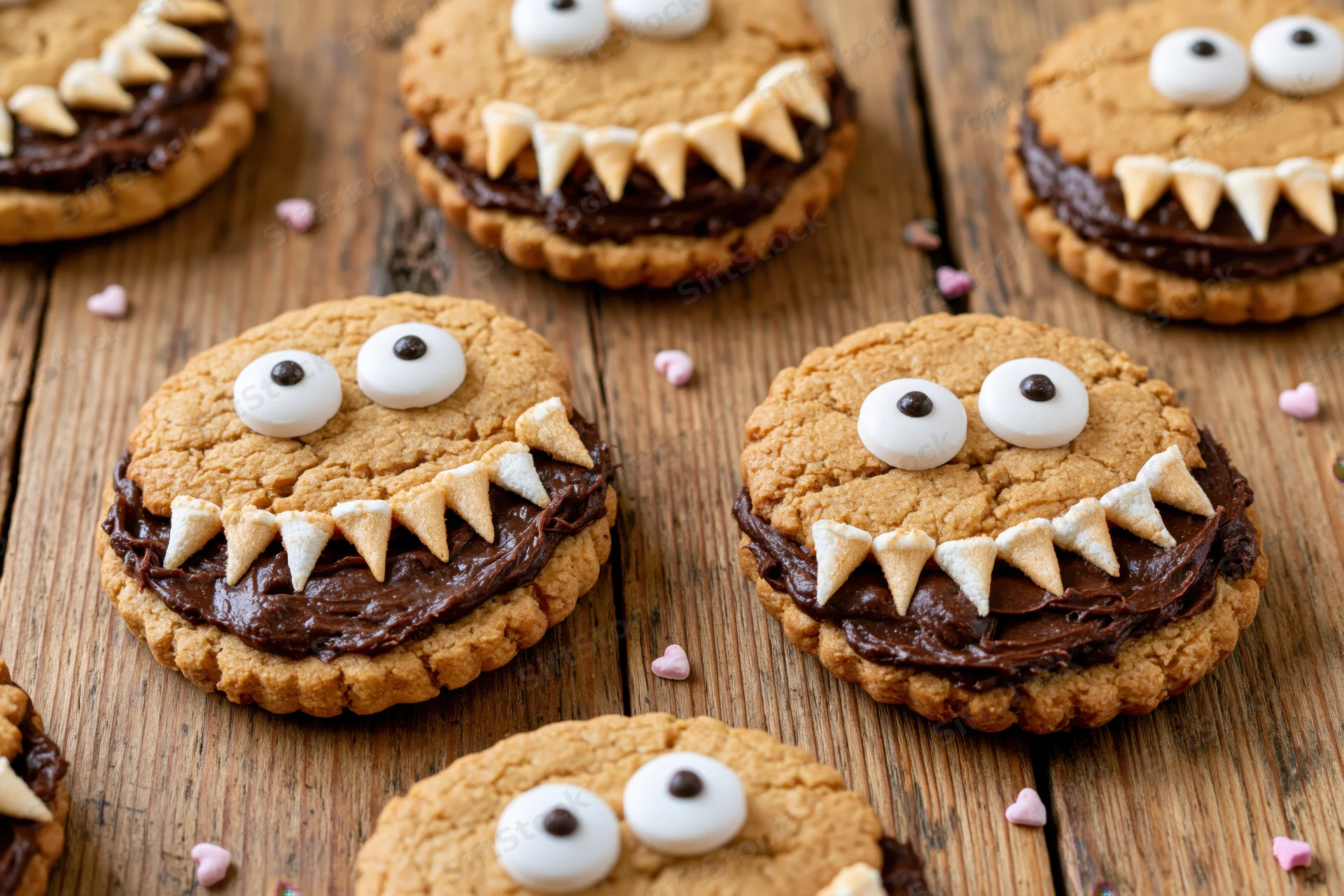 Monster-themed sandwich cookies with candy eyes and chocolate frosting arranged on a rustic wooden surface