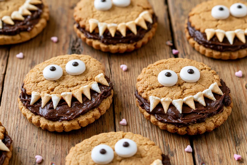 Monster-themed sandwich cookies with candy eyes and chocolate frosting arranged on a rustic wooden surface
