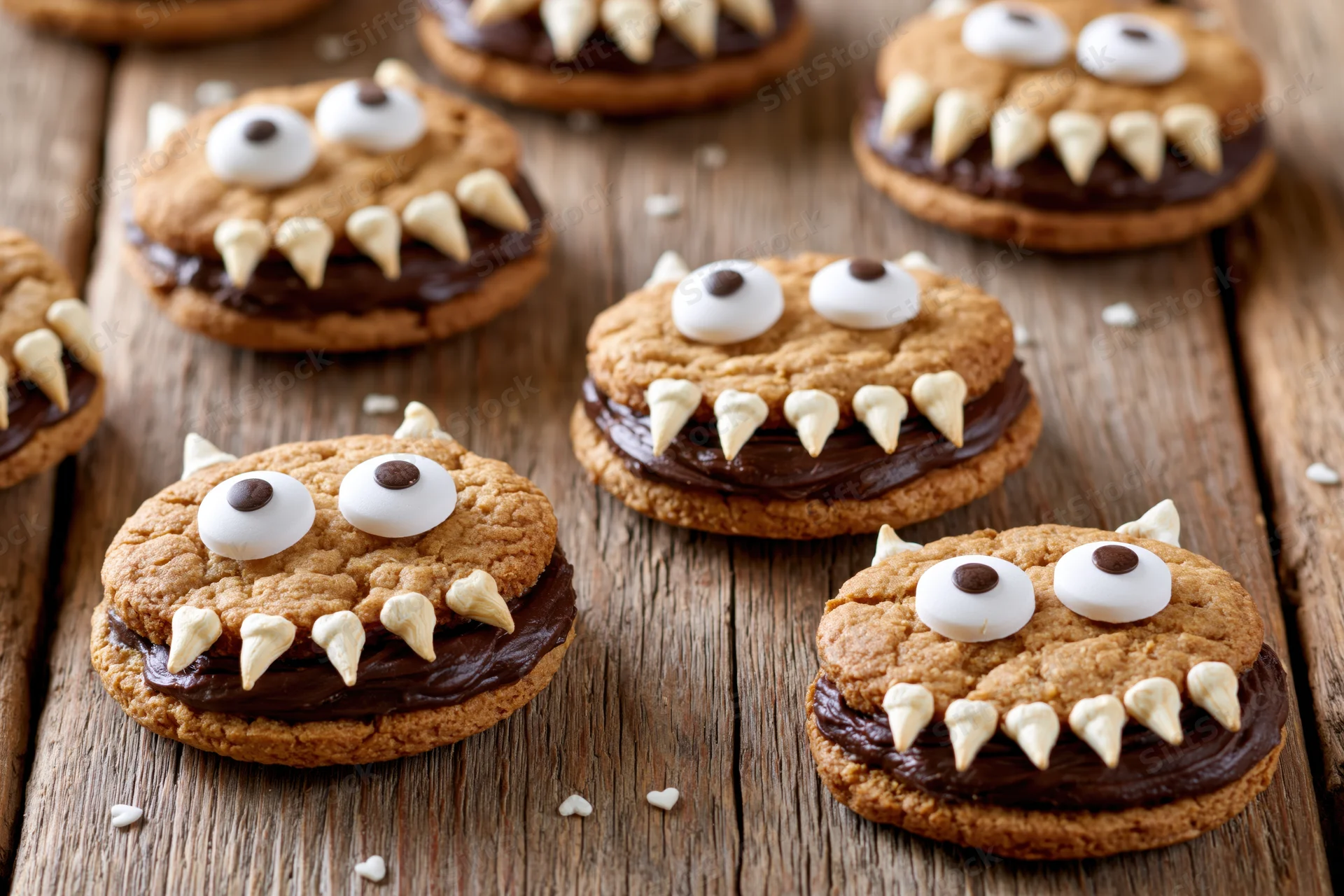 Monster-themed sandwich cookies with chocolate filling and candy eyes and fangs arranged on a rustic wooden surface