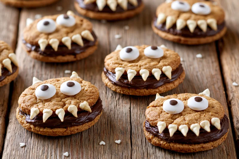 Monster-themed sandwich cookies with chocolate filling and candy eyes and fangs arranged on a rustic wooden surface