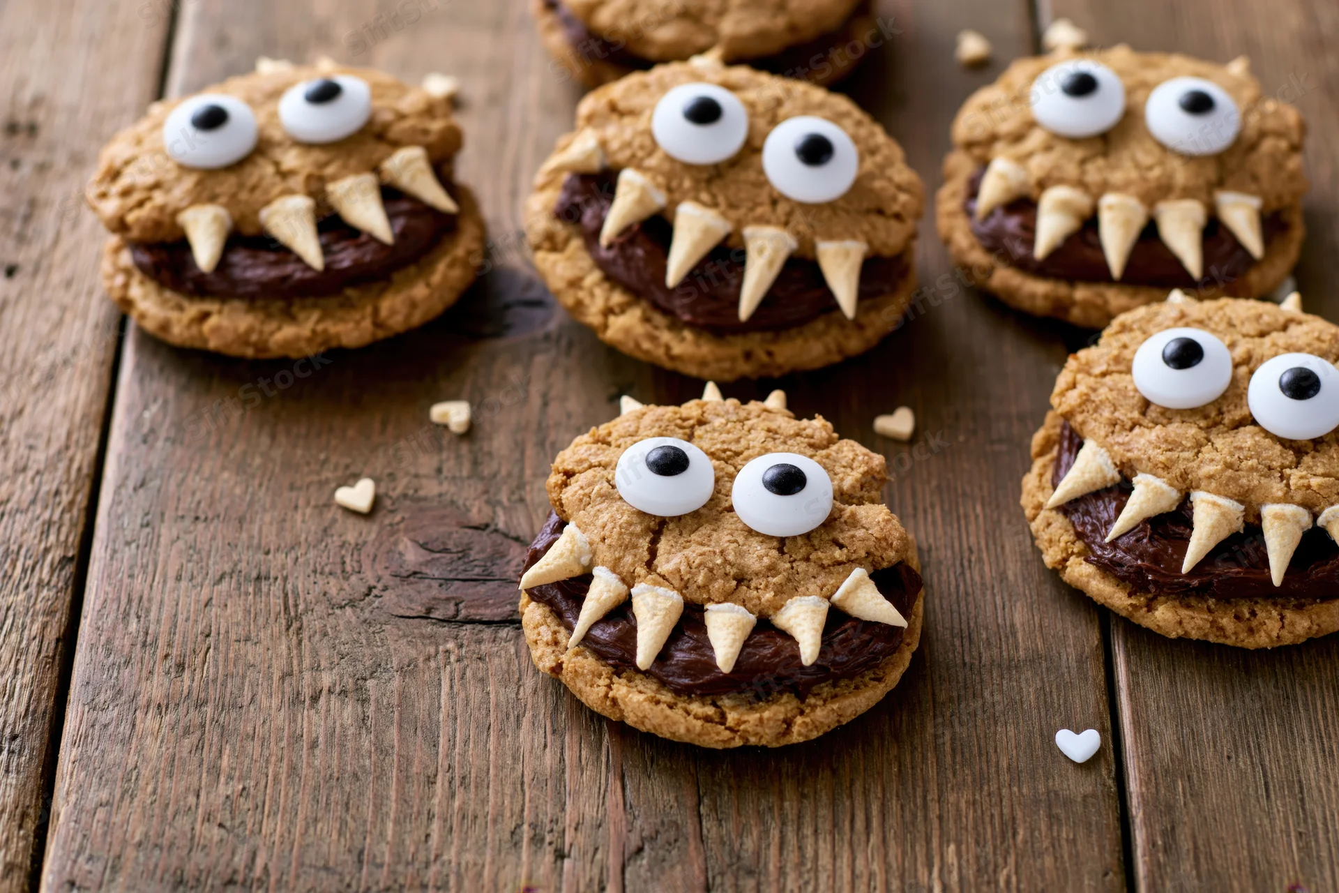 Monster-themed sandwich cookies with candy eyes and chocolate filling arranged on a rustic wooden surface