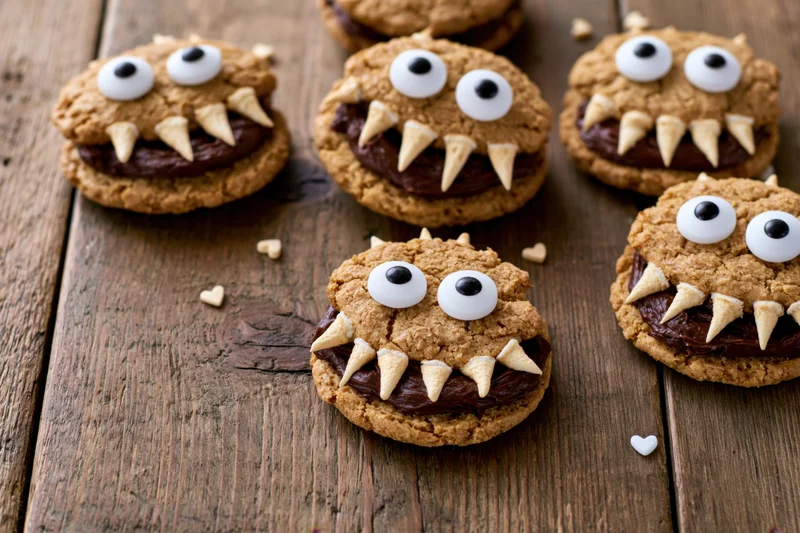 Monster-themed sandwich cookies with candy eyes and chocolate filling arranged on a rustic wooden surface