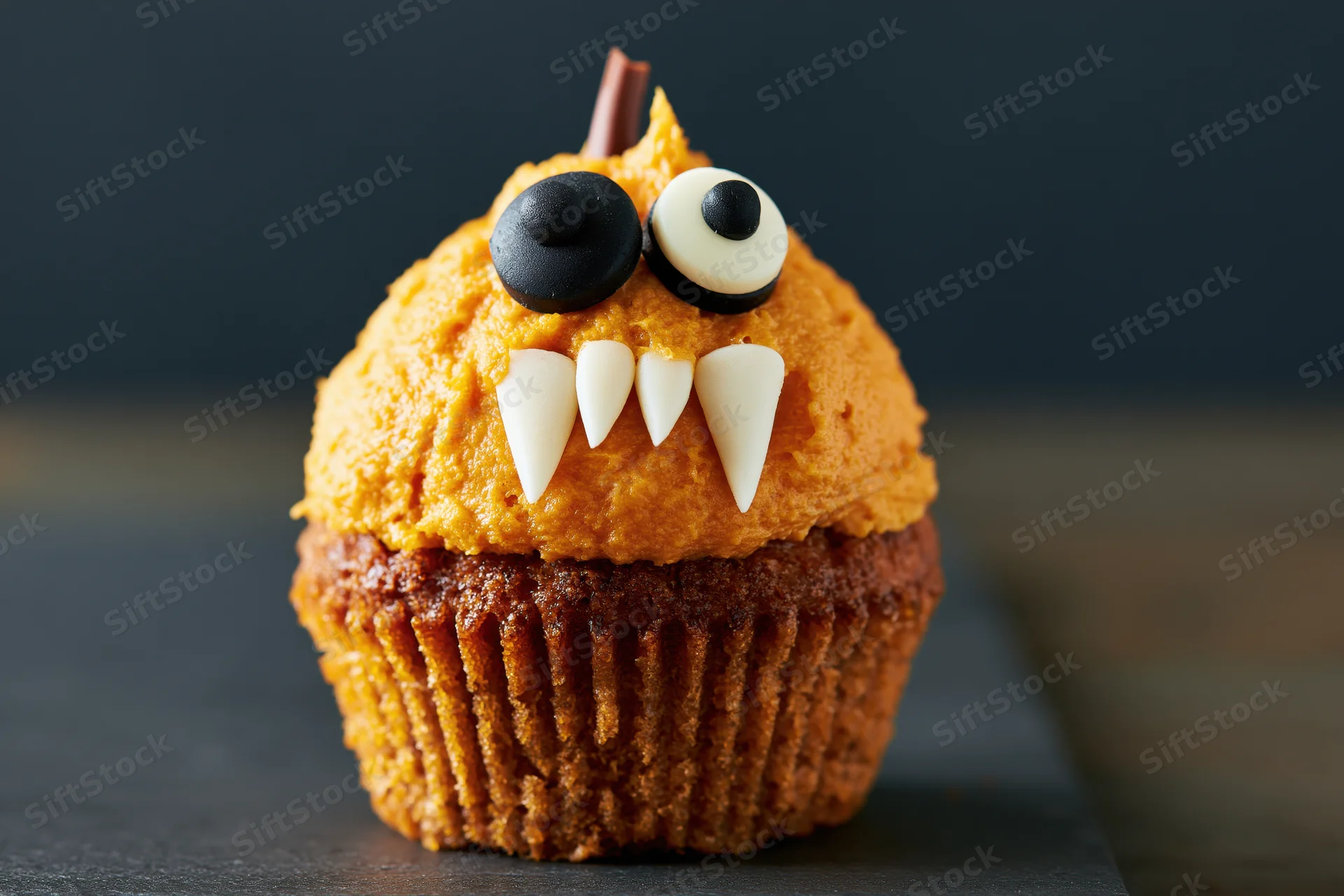 Halloween pumpkin monster cupcake with candy eyes and chocolate teeth on dark surface
