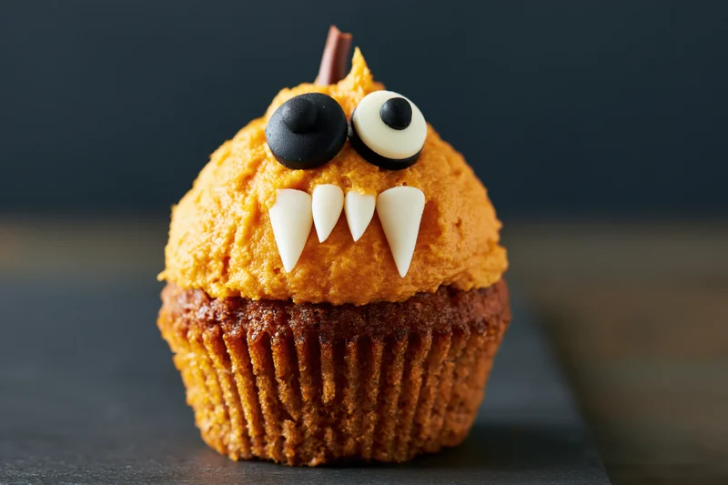 Halloween pumpkin monster cupcake with candy eyes and chocolate teeth on dark surface
