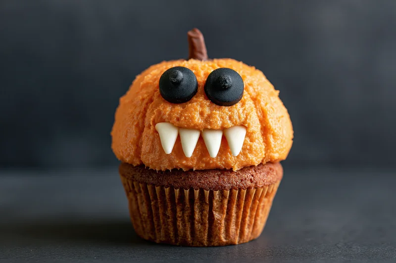 Halloween pumpkin monster cupcake with candy eyes and teeth on dark surface