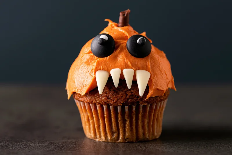 Halloween pumpkin monster cupcake with candy eyes and chocolate teeth on dark surface