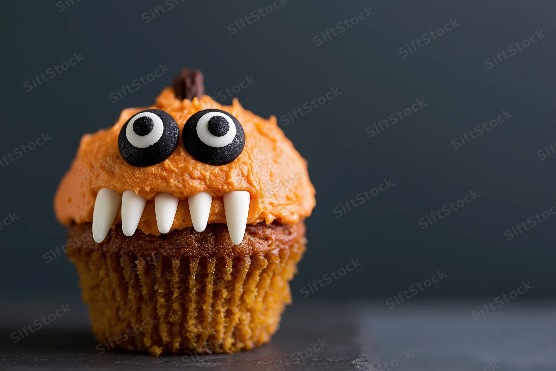 Halloween pumpkin monster cupcake with candy eyes and white teeth on dark surface