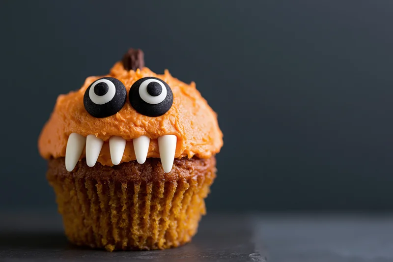Halloween pumpkin monster cupcake with candy eyes and white teeth on dark surface