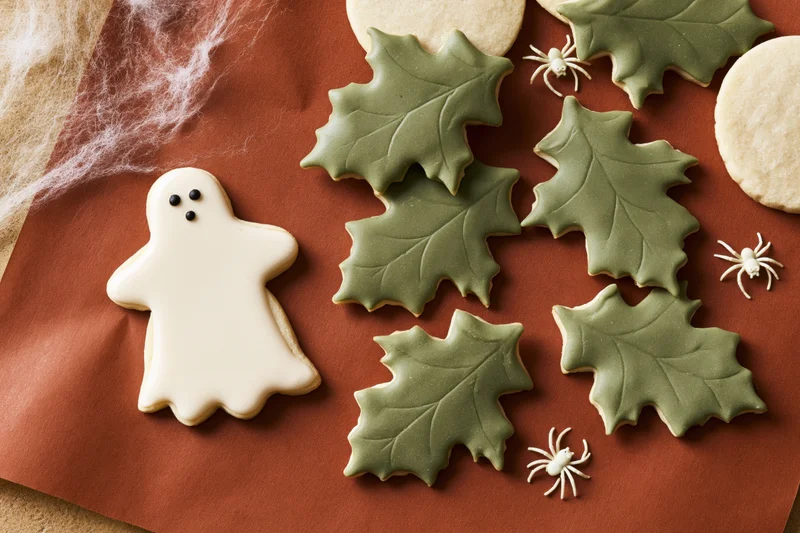 Halloween sugar cookies shaped as ghosts and leaves arranged on rust-brown paper with decorative spiders