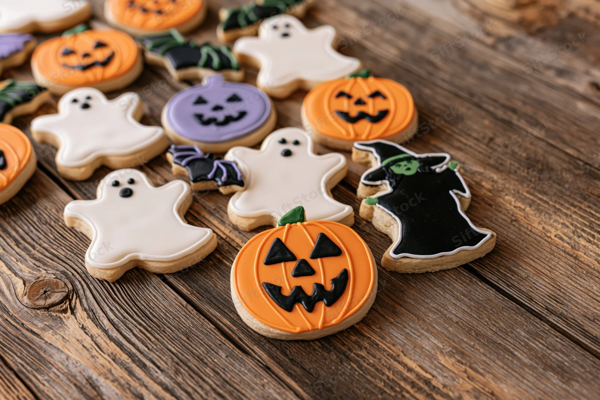 Halloween sugar cookies shaped as pumpkins ghosts witches and bats arranged on a rustic wooden table