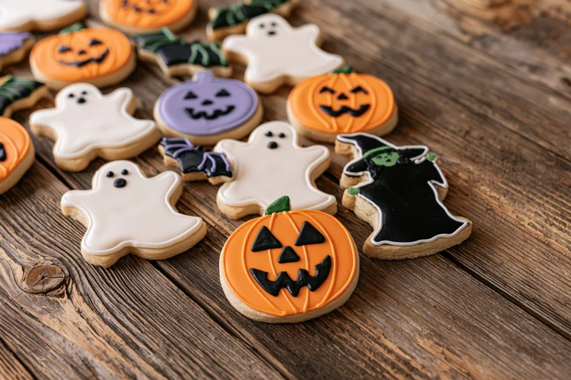 Halloween sugar cookies shaped as pumpkins ghosts witches and bats arranged on a rustic wooden table