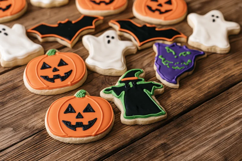 Halloween sugar cookies shaped as pumpkins ghosts bats and witches arranged on a rustic wooden table