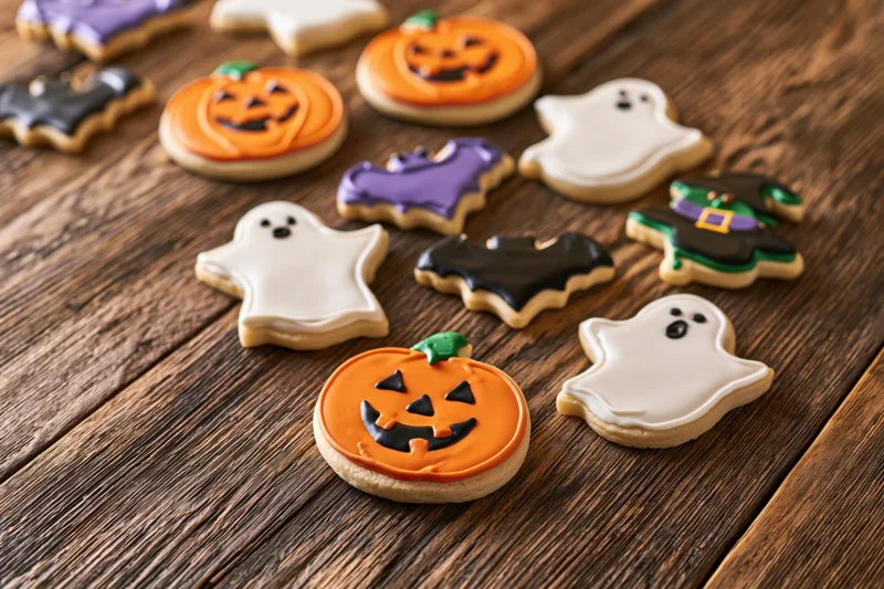 Halloween sugar cookies shaped as pumpkins ghosts bats and witches arranged on a rustic wooden table