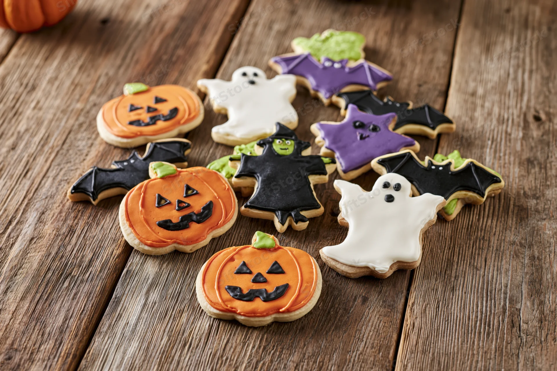 Halloween sugar cookies shaped as pumpkins ghosts bats and witches arranged on a rustic wooden table
