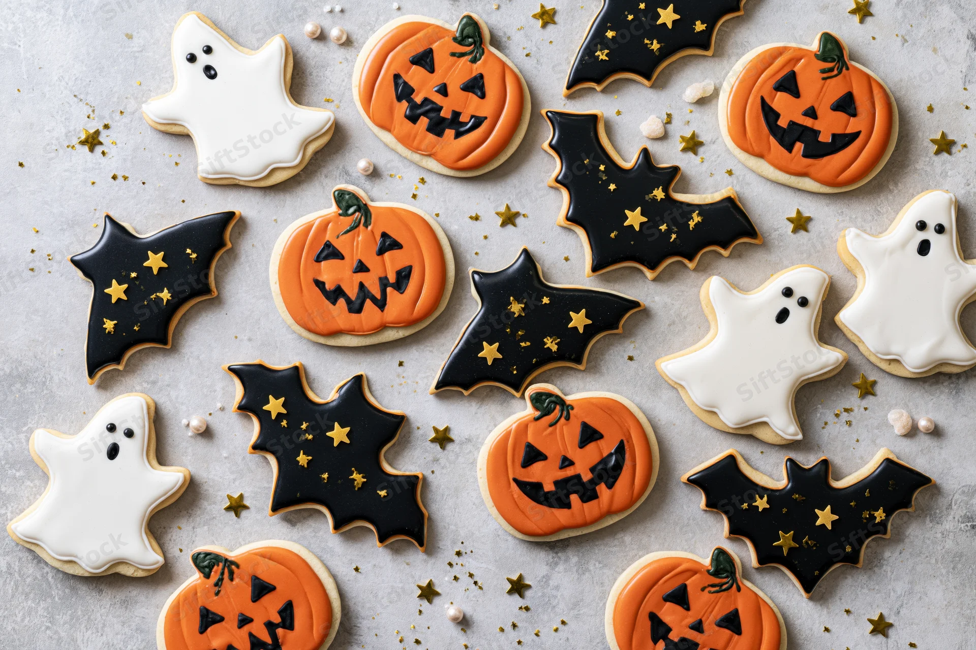 Halloween sugar cookies decorated with royal icing in pumpkin ghost and bat shapes on a light surface with gold stars and sprinkles