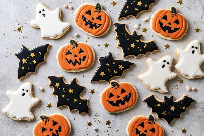Halloween sugar cookies decorated with royal icing in pumpkin ghost and bat shapes on a light surface with gold stars and sprinkles