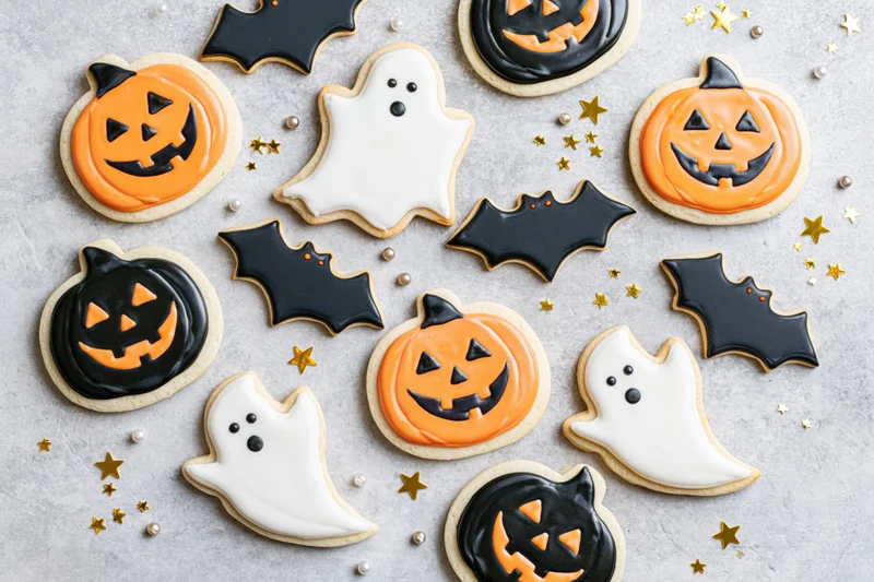 Halloween sugar cookies decorated with royal icing arranged on a gray surface with gold stars and pearls