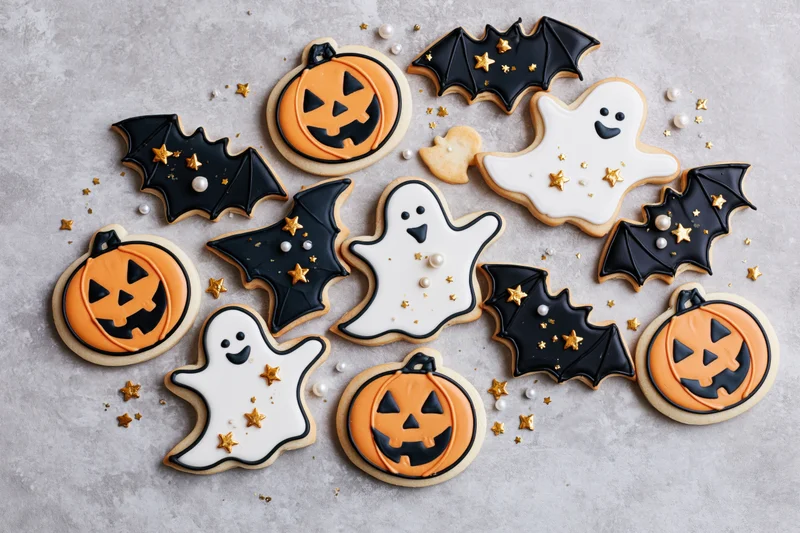 Halloween sugar cookies decorated with royal icing arranged on a gray countertop in a flat lay overhead view