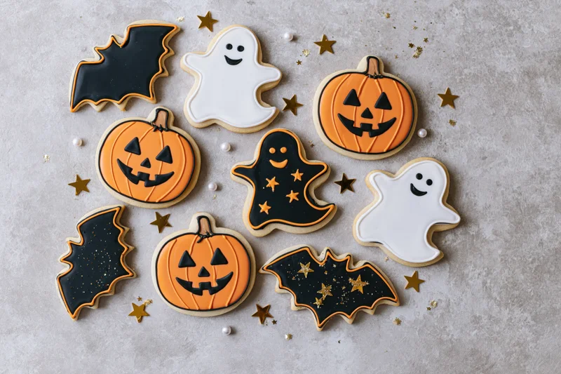 Halloween sugar cookies decorated with royal icing arranged on a textured surface with gold stars and sprinkles