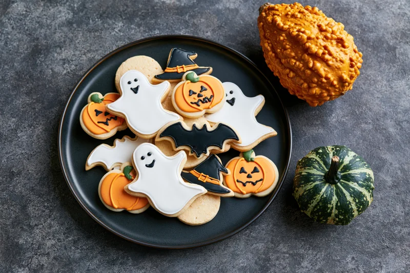 Halloween sugar cookies decorated with royal icing in ghost pumpkin bat shapes on black plate with gourds on gray surface