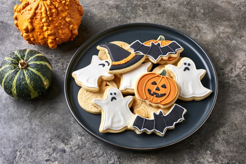 Halloween sugar cookies decorated with royal icing in ghost pumpkin bat and witch hat shapes on a black plate with pumpkins beside it