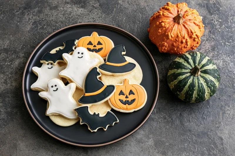 Halloween sugar cookies decorated with royal icing in ghost pumpkin witch hat and bat shapes on black plate with pumpkins beside