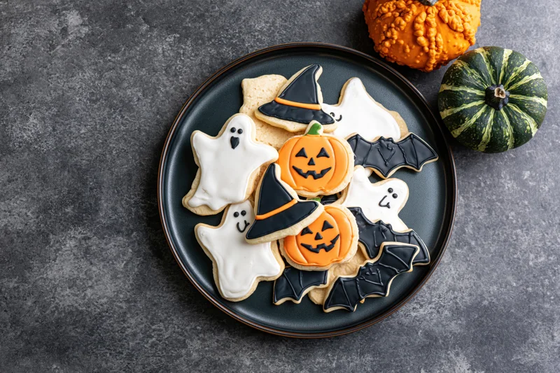 Halloween sugar cookies decorated with royal icing in ghost pumpkin bat and witch hat shapes on a dark plate with pumpkins beside it