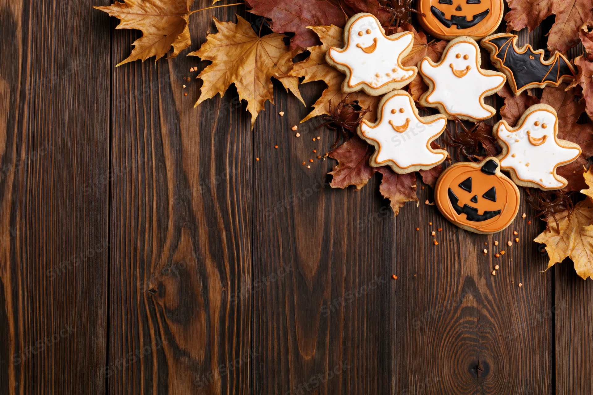 Halloween sugar cookies shaped like ghosts and jack-o-lanterns arranged with autumn leaves on a dark wooden table