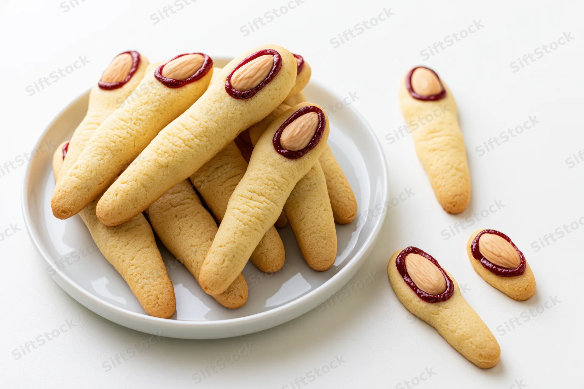 Witch finger cookies piled on a white ceramic plate with almond and jam toppings