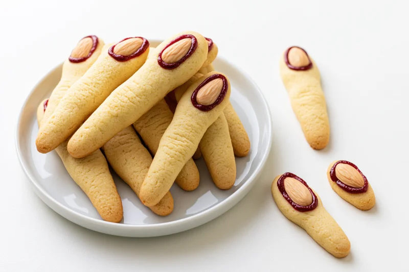 Witch finger cookies piled on a white ceramic plate with almond and jam toppings