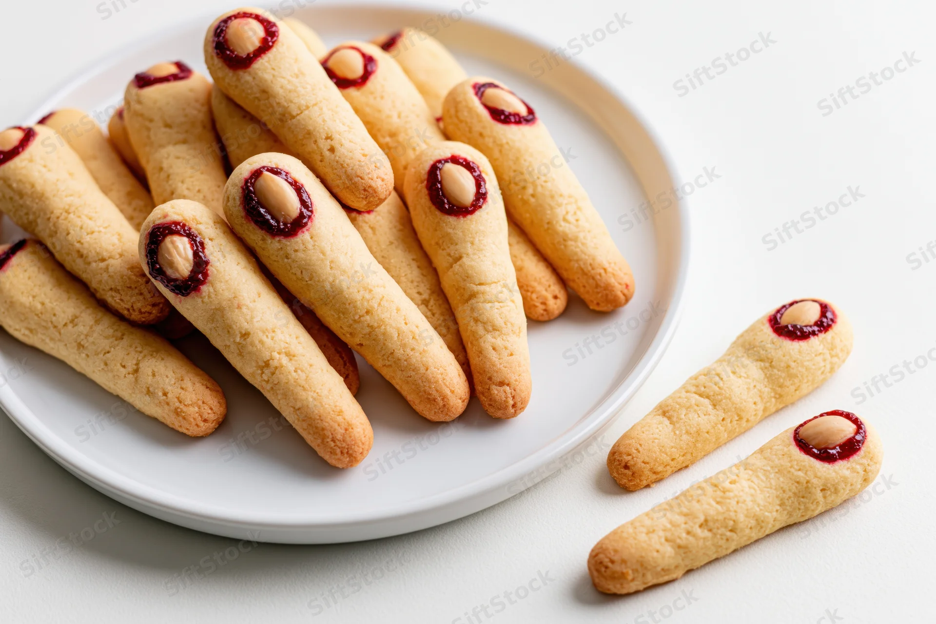 Witch finger cookies piled on a white ceramic plate with two beside it on a white surface