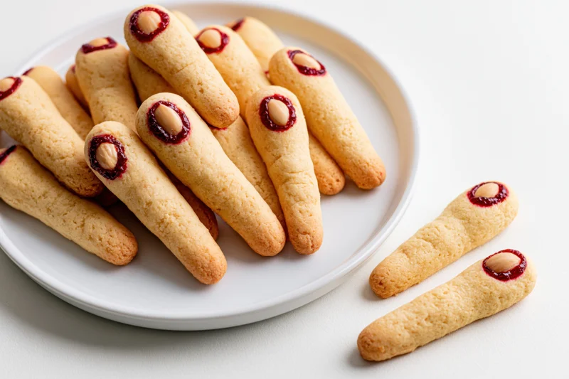 Witch finger cookies piled on a white ceramic plate with two beside it on a white surface