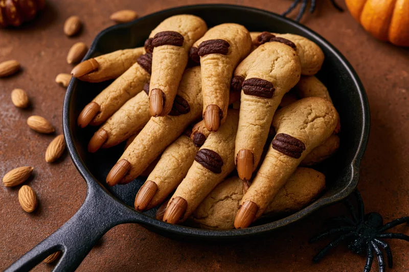 Witch finger cookies arranged in a cast iron skillet with scattered almonds and decorative spiders on a rustic surface